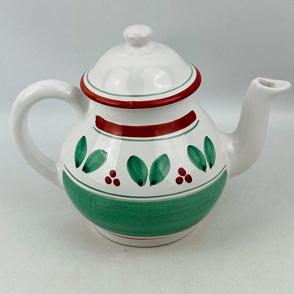 Caleca Teapot Red Berries Trim Green Leaves Band Stripe White Hand Painted Italy